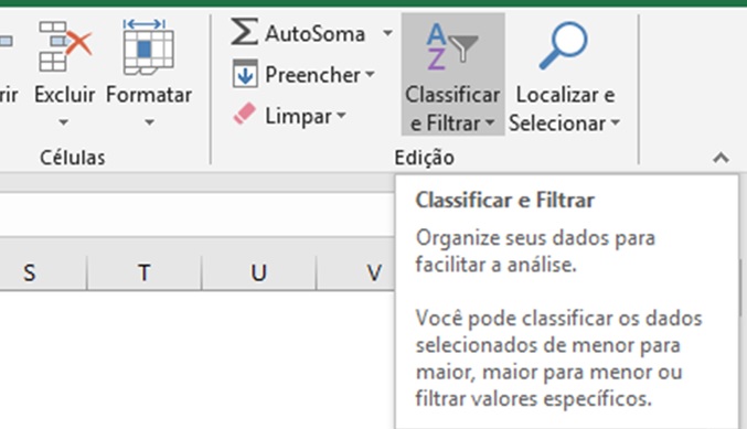 Localização da ferramenta Classificação de Dados no Microsoft Excel. Guia Pagina Inicial, Grupo Edição, Classificar e Filtrar.