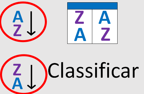 Botões de Classificação de Dados simples (AZ e ZA) na Guia Dados, Grupo Classificar e Filtrar