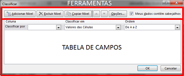 Janela Classificar e filtrar no Microsoft Excel exibido após clicar em Classificação de Dados