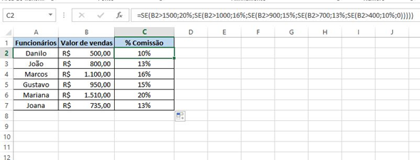 Exibe a uso da Função Se aninhada em um estudo de caso