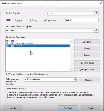 Configurações do Solver estão ok