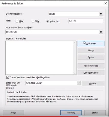 Tela do Solver no microsoft excel
