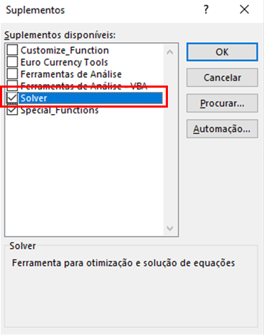 Janela SUPLEMENTOS. Como ativar um suplemento no Microsoft Excel