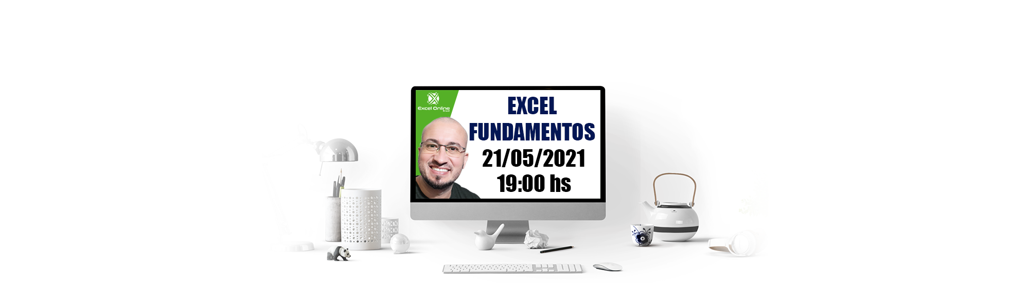 Imagem de um monitor exibindo na tela a capa sobre o curso de Excel Fundamentos