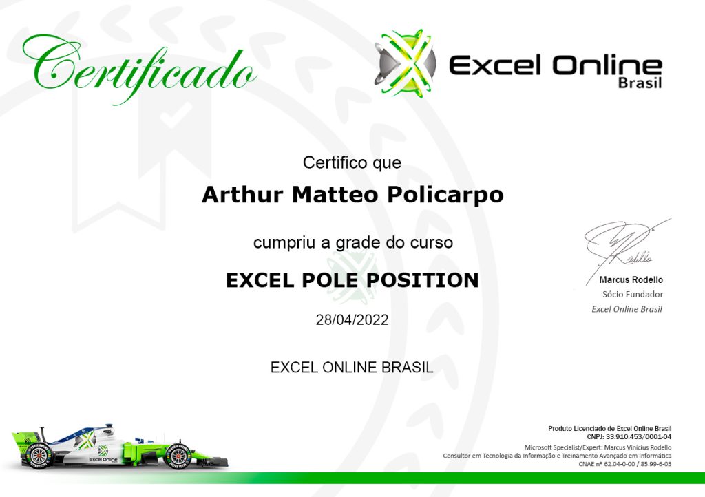 Modelo do Certificado do Curso Excel Pole Position